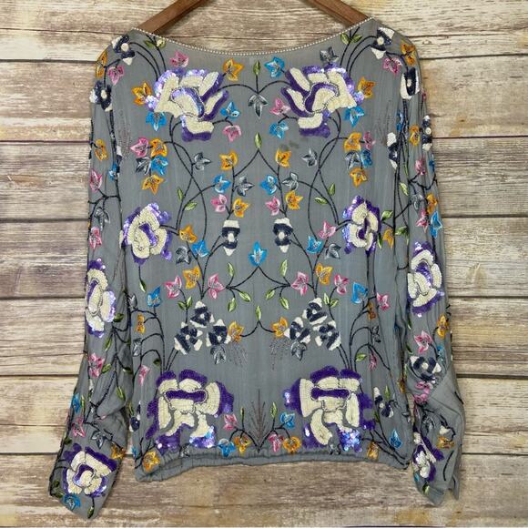 Vintage L heavily embroidered and beaded skirt set sage green floral motif - Picture 6 of 12